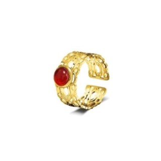 Anello a Fascia Aperta Placcato Oro Giallo Traforato con Pietra Centrale Rossa
