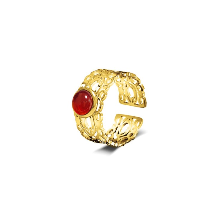 Anello a Fascia Aperta Placcato Oro Giallo Traforato con Pietra Centrale Rossa
