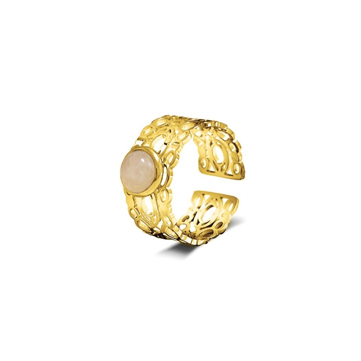 Anello a Fascia Aperta Placcato Oro Giallo Traforato con Pietra Centrale Bianca