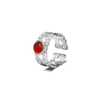 Anello a Fascia Aperta Acciaio Silver Traforato con Pietra Centrale Rossa