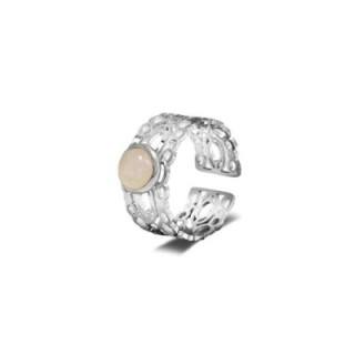 Anello a Fascia Aperta Acciaio Silver Traforato con Pietra Centrale Bianca