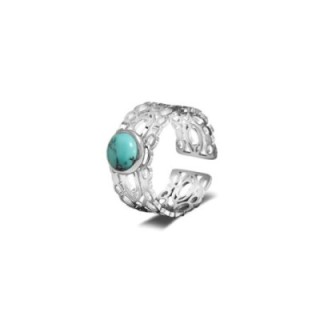 Anello a Fascia Aperta Acciaio Silver Traforato con Pietra Centrale Azzurra
