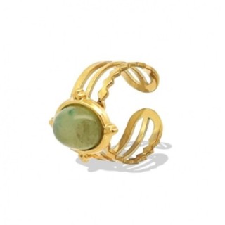 Cuff Ring Placcato Oro Giallo Multifilo con Cabochon Organico Pietra Verde