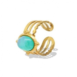 Cuff Ring Placcato Oro Giallo Multifilo con Cabochon Organico Pietra Turchese