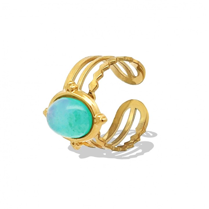 Cuff Ring Placcato Oro Giallo Multifilo con Cabochon Organico Pietra Turchese