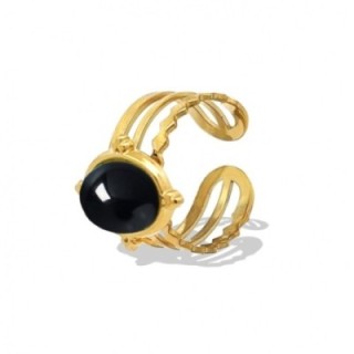 Cuff Ring Placcato Oro Giallo Multifilo con Cabochon Organico Black Stone