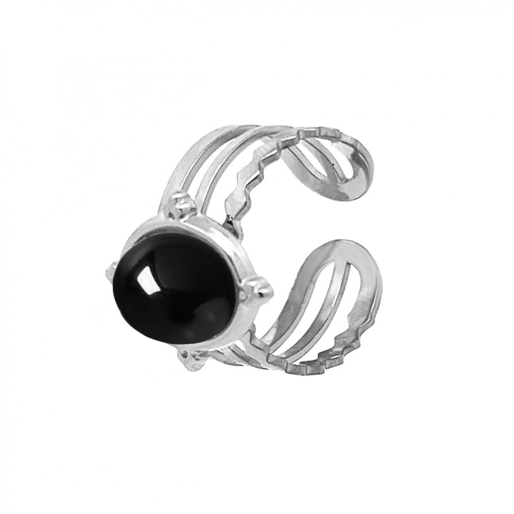 Cuff Ring Acciaio Silver Multifilo con Cabochon Organico Pietra Nera