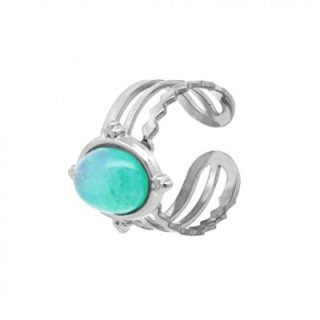 Cuff Ring Acciaio Silver Multifilo con Cabochon Organico Pietra Turchese