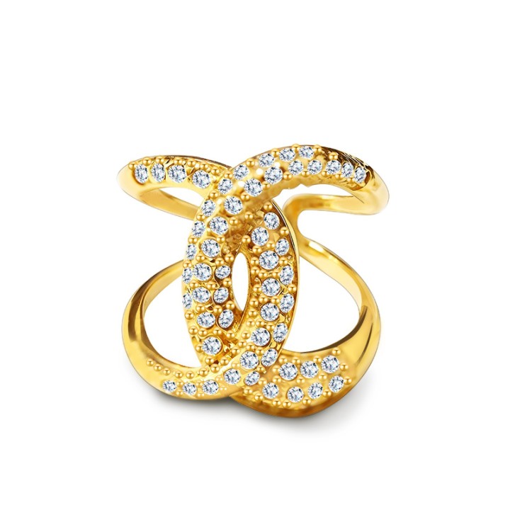 Anello a Fascia Intrecciata Placcato Oro Giallo con Pavé di Zirconi