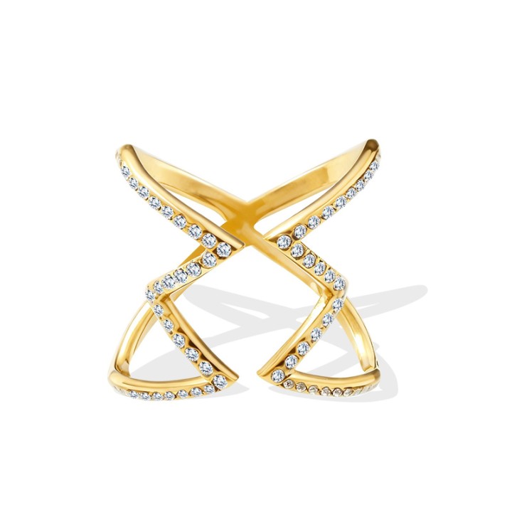 Anello Geometrico 'Cruzado' Placcato Oro Giallo con Pavé di Zirconi