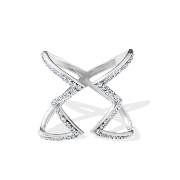 Anello Geometrico 'Cruzado' Acciaio Silver con Pavé di Zirconi