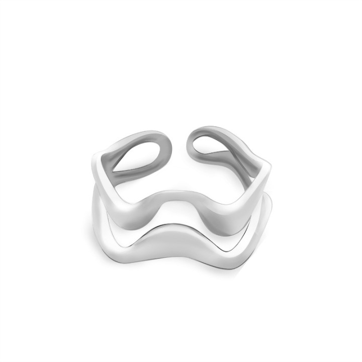 Cuff Ring 'Ridge' Acciaio Silver a Doppia Fascia Ondulata
