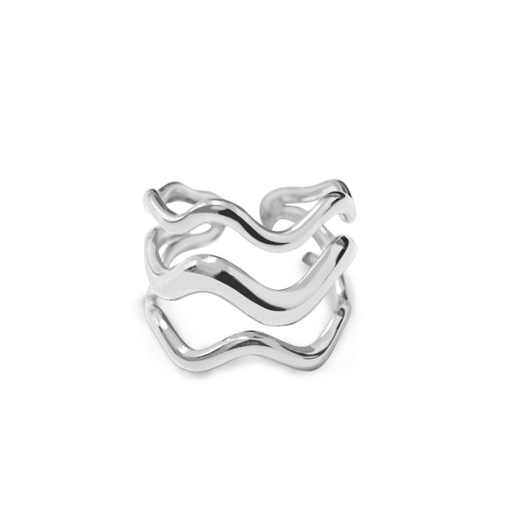 Cuff Ring 'Tide' Acciaio Silver a Tripla Fascia Ondulata