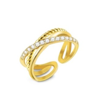 Cuff Ring 'Tresse' Placcato Oro Giallo 316L a Triplice Intreccio con Pavé