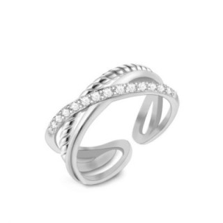 Cuff Ring 'Tresse' Acciaio Silver 316L a Triplice Intreccio con Pavé