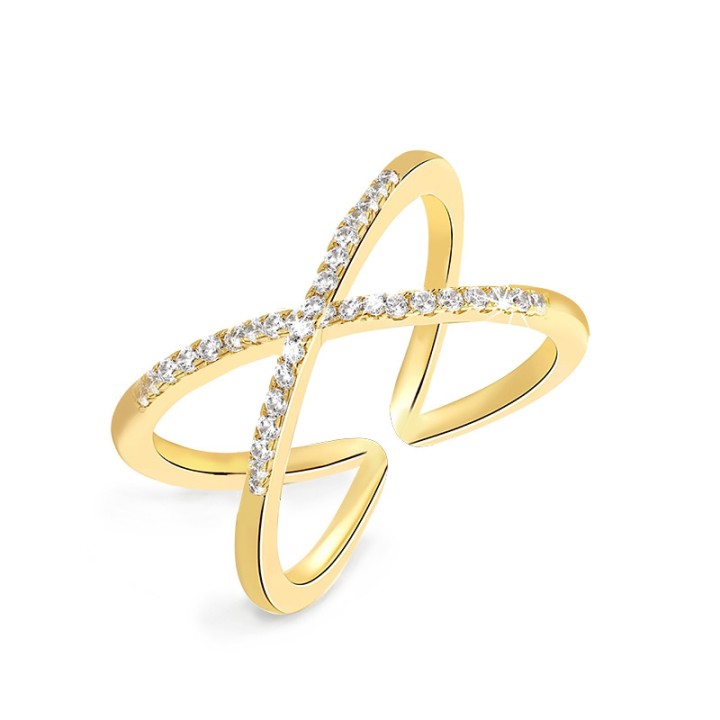 Cuff Ring 'Eternel' Placcato Oro Giallo 316L a X Spaziale con Pavé