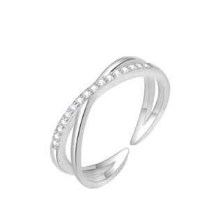 Cuff Ring 'Croisette' Acciaio Silver 316L a Doppio Filo con Pavé