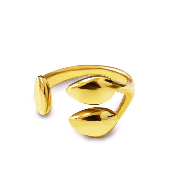 Cuff Ring 'Feuille' Placcato Oro Giallo 316L con Terminali a Foglia Bombata
