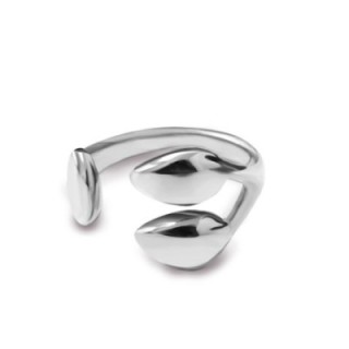Cuff Ring 'Feuille' Acciaio Silver 316L con Terminali a Foglia Bombata