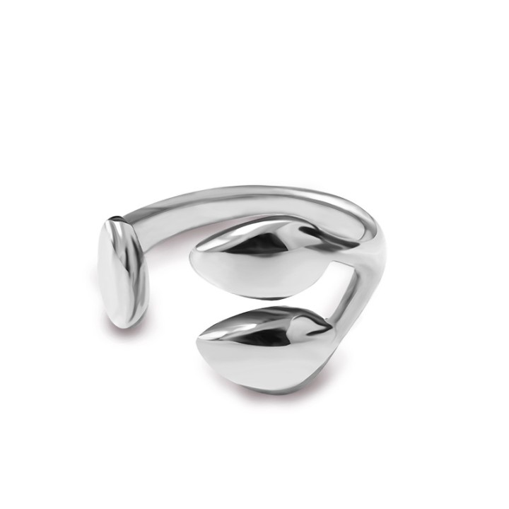 Cuff Ring 'Feuille' Acciaio Silver 316L con Terminali a Foglia Bombata