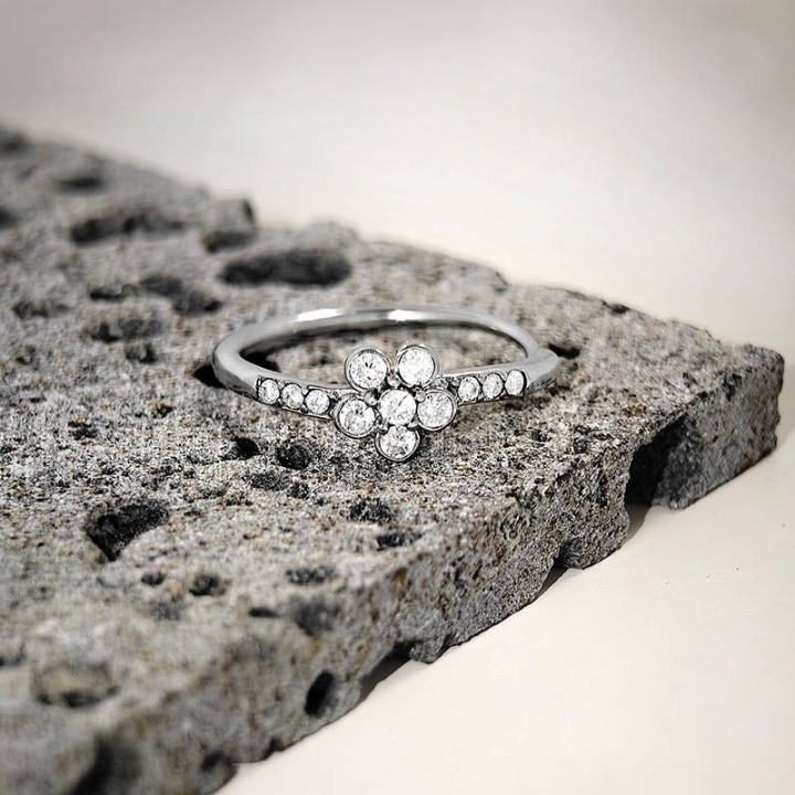 Anello di Fidanzamento Regolabile CLUSTER Acciaio Silver 316L con Fiore di Zirconi
