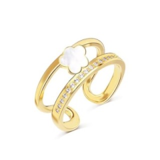 Cuff Ring 'Trèfle' Placcato Oro Giallo 316L a Doppio Filo con Quadrifoglio e Pavé