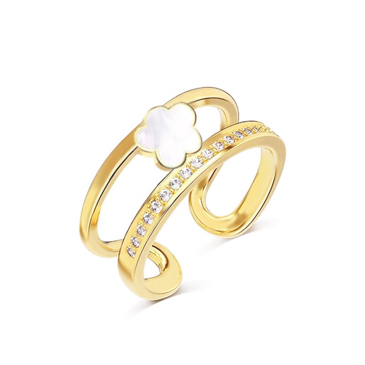 Cuff Ring 'Trèfle' Placcato Oro Giallo 316L a Doppio Filo con Quadrifoglio e Pavé