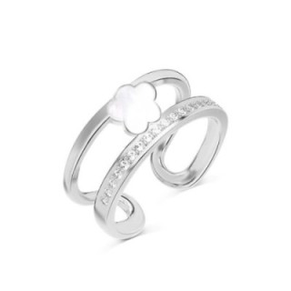 Cuff Ring 'Trèfle' Acciaio Silver 316L a Doppio Filo con Quadrifoglio e Pavé
