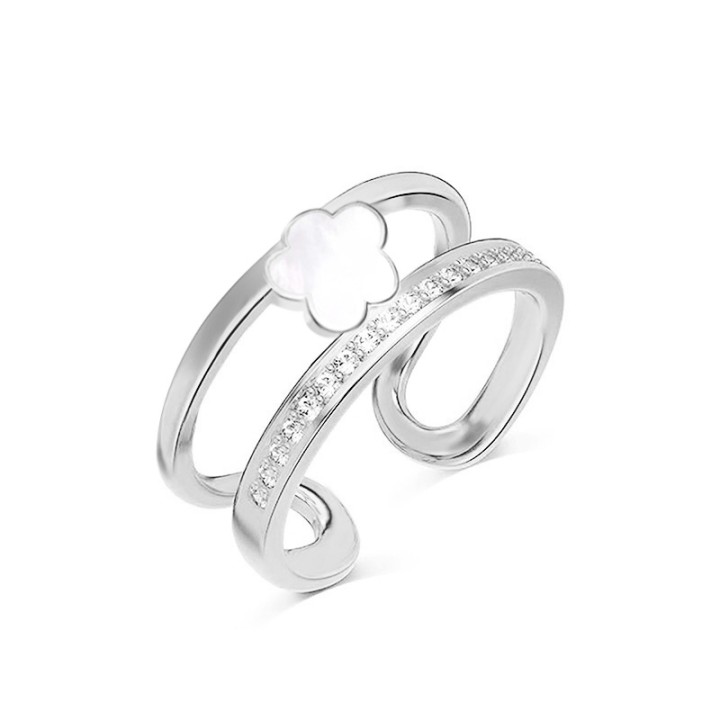 Cuff Ring 'Trèfle' Acciaio Silver 316L a Doppio Filo con Quadrifoglio e Pavé