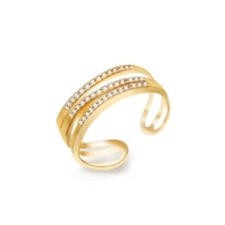Cuff Ring 'Trilogie' Placcato Oro Giallo 316L a Tre Giri con Zirconi