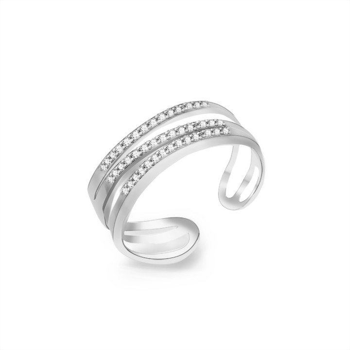 Cuff Ring 'Trilogie' Acciaio Silver 316L a Tre Giri con Zirconi