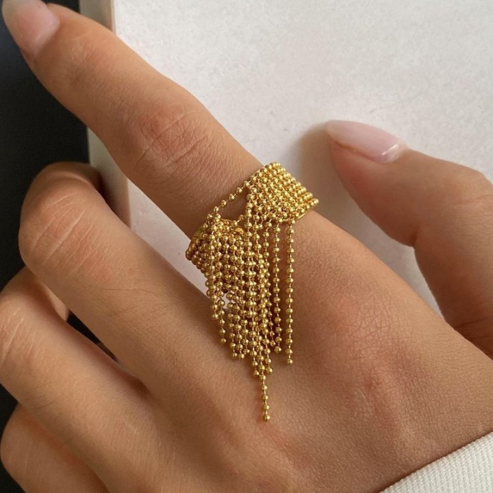 Cuff Ring 'Nappe' Placcato Oro Giallo 316L con Catene a Frangia