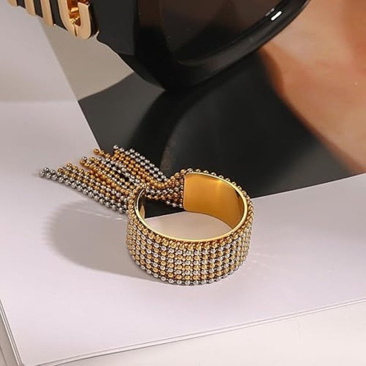 Cuff Ring 'Nappe' Acciaio Bicolore Silver Gold con Catene a Frangia