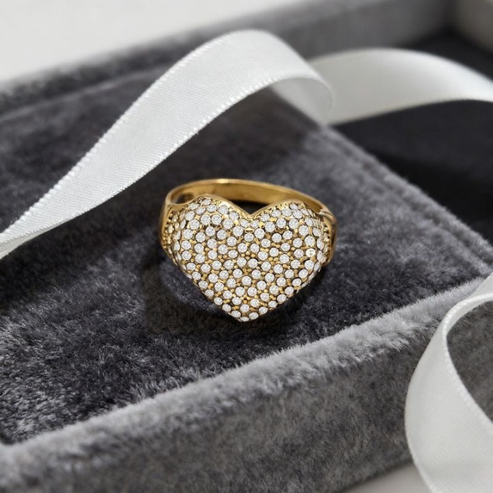 Cuff Ring 'Cur Pavé' Placcato Oro Giallo 316L con Maxi Cuore in Zirconi