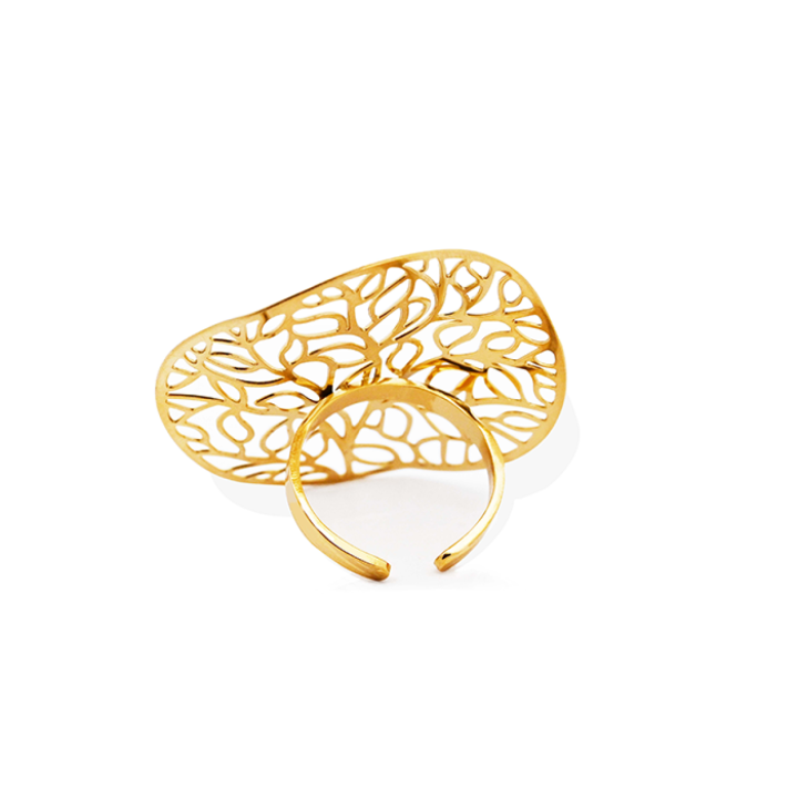 Anello Regolabile 'Aura' Placcato Oro Giallo 316L con Albero della Vita Traforato
