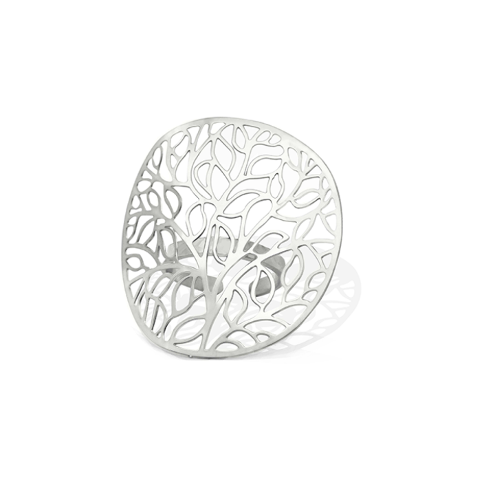 Anello Regolabile 'Aura' Acciaio Silver 316L con Albero della Vita Traforato