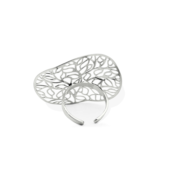 Anello Regolabile 'Aura' Acciaio Silver 316L con Albero della Vita Traforato
