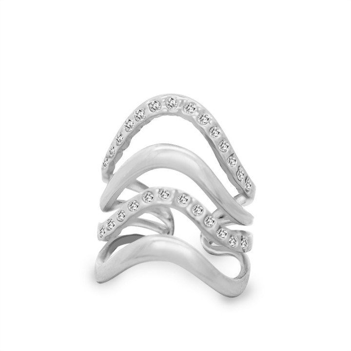 Cuff Ring 'Vague' Acciaio Silver 316L a Quattro Giri con Pavé