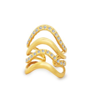 Cuff Ring 'Vague' Placcato Oro Giallo 316L a Quattro Giri con Pavé