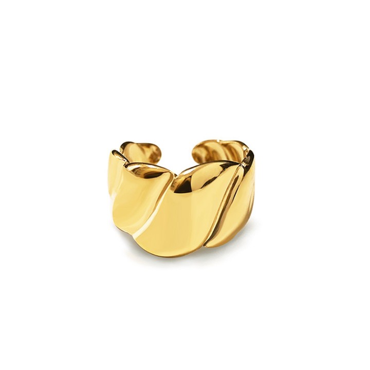 Cuff Ring 'Croissant' Placcato Oro Giallo 316L a Fascia Bombata Godronata
