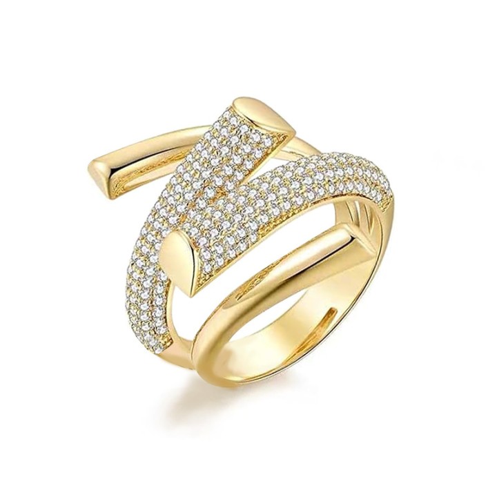 Cuff Ring 'Spire Pavé' Placcato Oro Giallo 316L a Nastro Incrociato