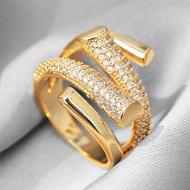 Cuff Ring 'Spire Pavé' Placcato Oro Giallo 316L a Nastro Incrociato