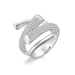 Cuff Ring 'Spire Pavé' Acciaio Silver 316L a Nastro Incrociato
