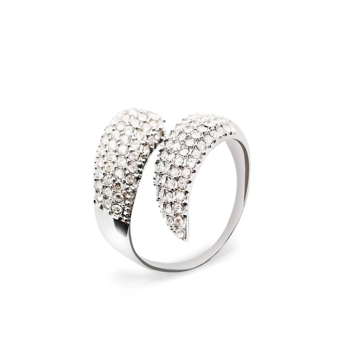 Cuff Ring 'Plume' Acciaio Silver 316L con Ali in Pavé