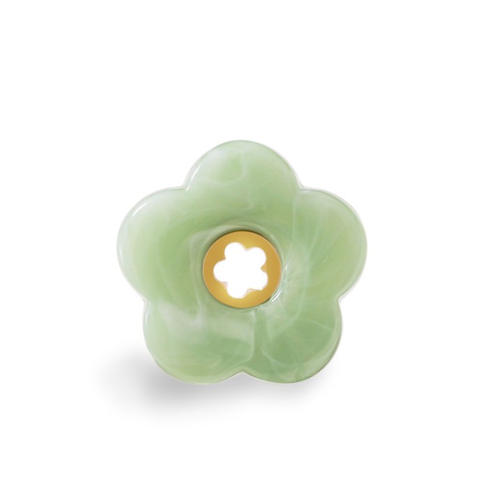 Anello Aperto 'Polinesia' Bora Bora Placcato Oro Giallo con Fiore Verde Salvia