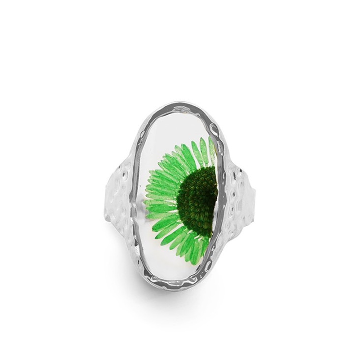 Anello Aperto 'Provence' Sault Acciaio Silver con Margherita Verde Foglia