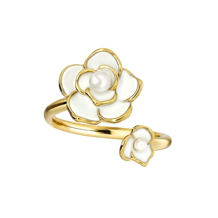 Anello Aperto 'Kyoto' Katsura Placcato Oro Giallo con Camelia Bianca e Perla