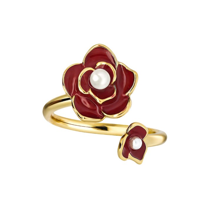 Anello Aperto 'Kyoto' Saga Placcato Oro Giallo con Camelia Rossa e Perla