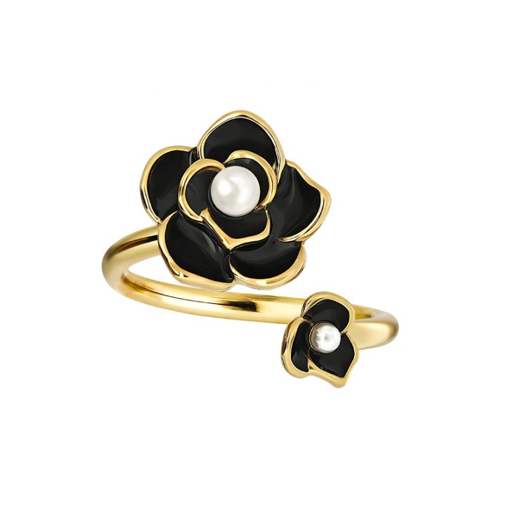 Anello Aperto 'Kyoto' Kamogawa Placcato Oro Giallo con Camelia Nera e Perla