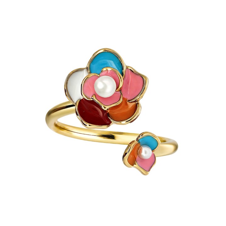 Anello Aperto 'Kyoto' Arashiyama Placcato Oro Giallo con Camelia Multicolor e Perla
